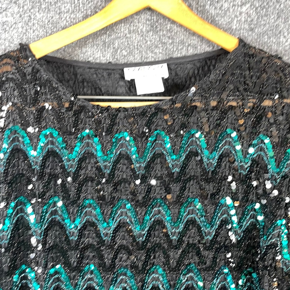 Vintage Givenchy Top Womens 18 W Black Teal Sequin Zigzag West Germany 80s Art - Picture 6 of 12